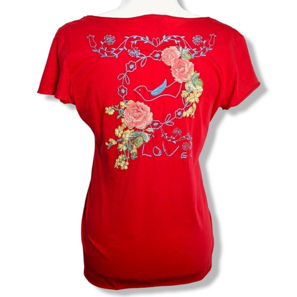 Johnny Was Love Bird Floral Embroidered Flutter Short Sleeve Top Tee Red Sz Med - Picture 2 of 8